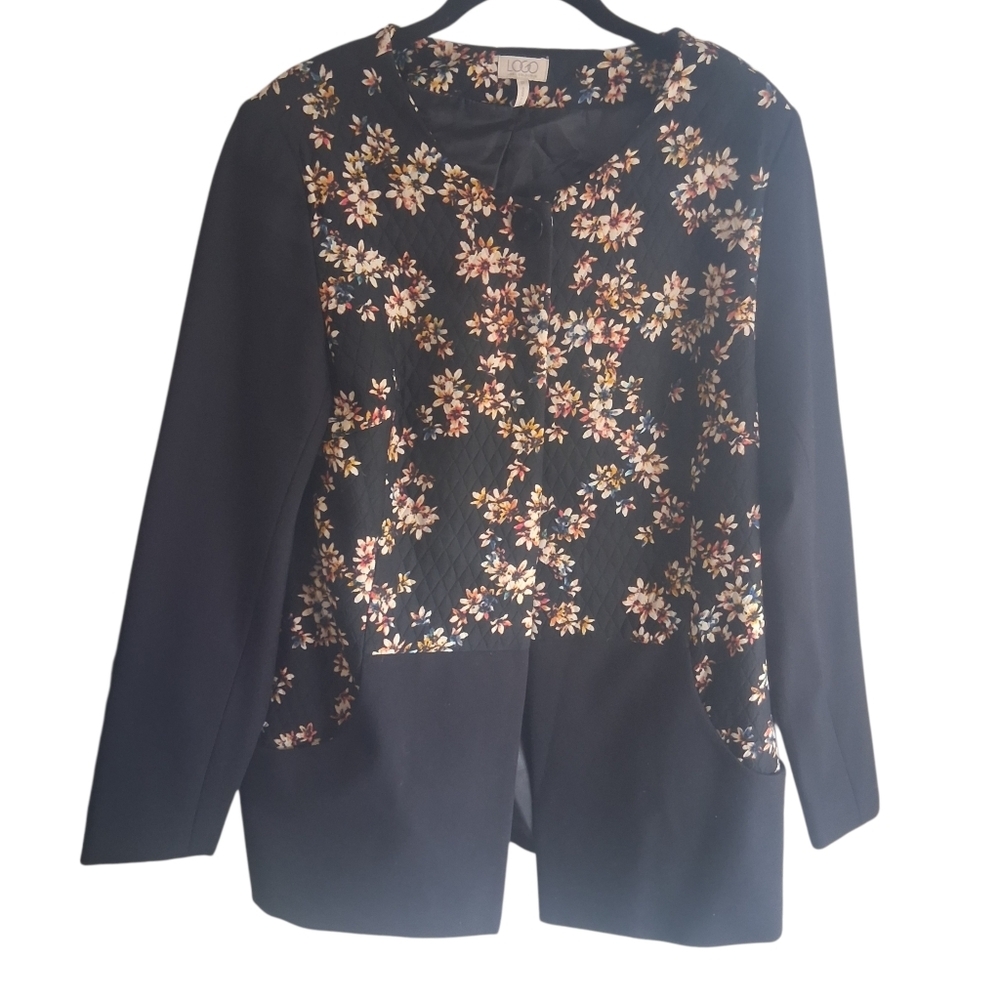 Floral Quilted Long Blazer LOGO Lori Goldstein Size 12 Business Casual Career